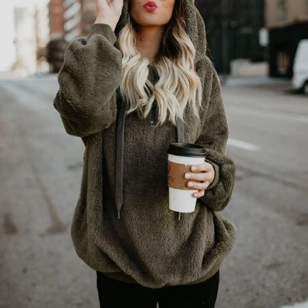Modische Damen-Kapuzenpullover in Übergröße, einfarbig, 1/4-Reißverschluss, flauschige Kapuzenoberteile, Oberbekleidung für Frauen