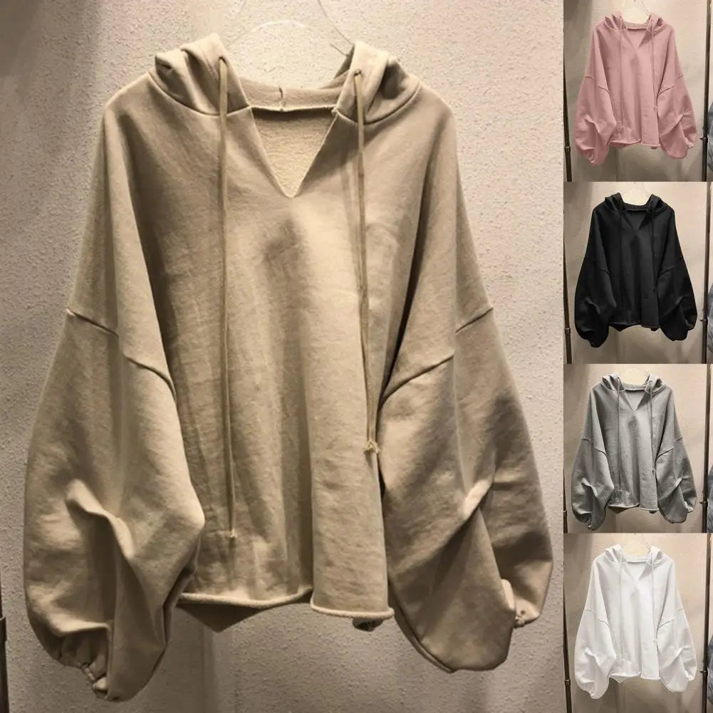 Damen Hoodies Sweatshirt Einfarbig Kordelzug Pullover Hoodie Herbst Fledermausärmel V-Ausschnitt Damen Sweatshirt Lose Jumper 2021