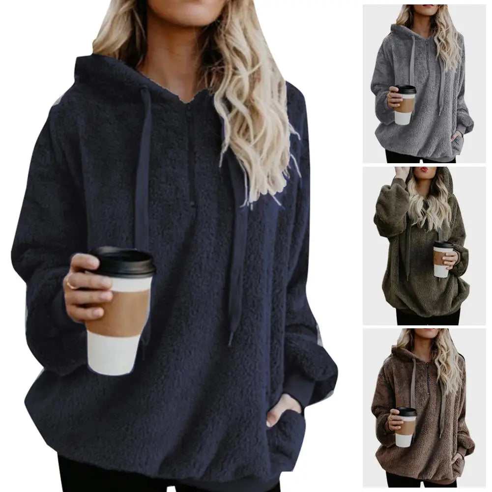 Modische Damen-Kapuzenpullover in Übergröße, einfarbig, 1/4-Reißverschluss, flauschige Kapuzenoberteile, Oberbekleidung für Frauen