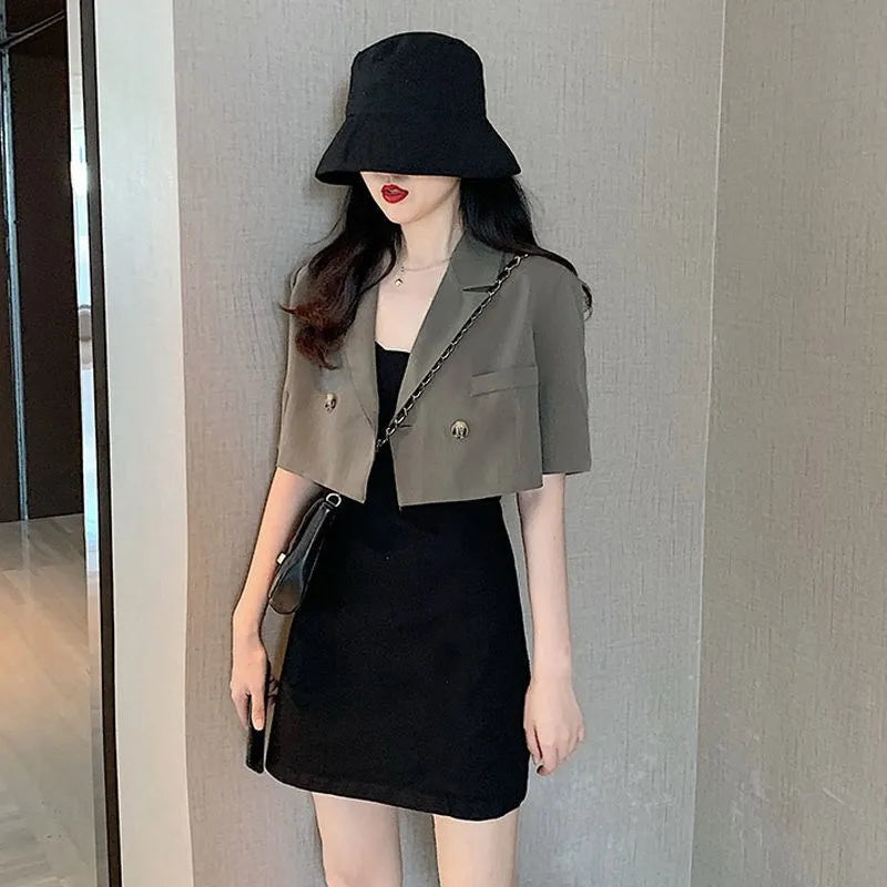 Cropped Blazers Women Ins Popular Notched Korean Slim Fit Fashion Hit Colors Stylish Suits Chic Tender Solid Straight Outwear OL