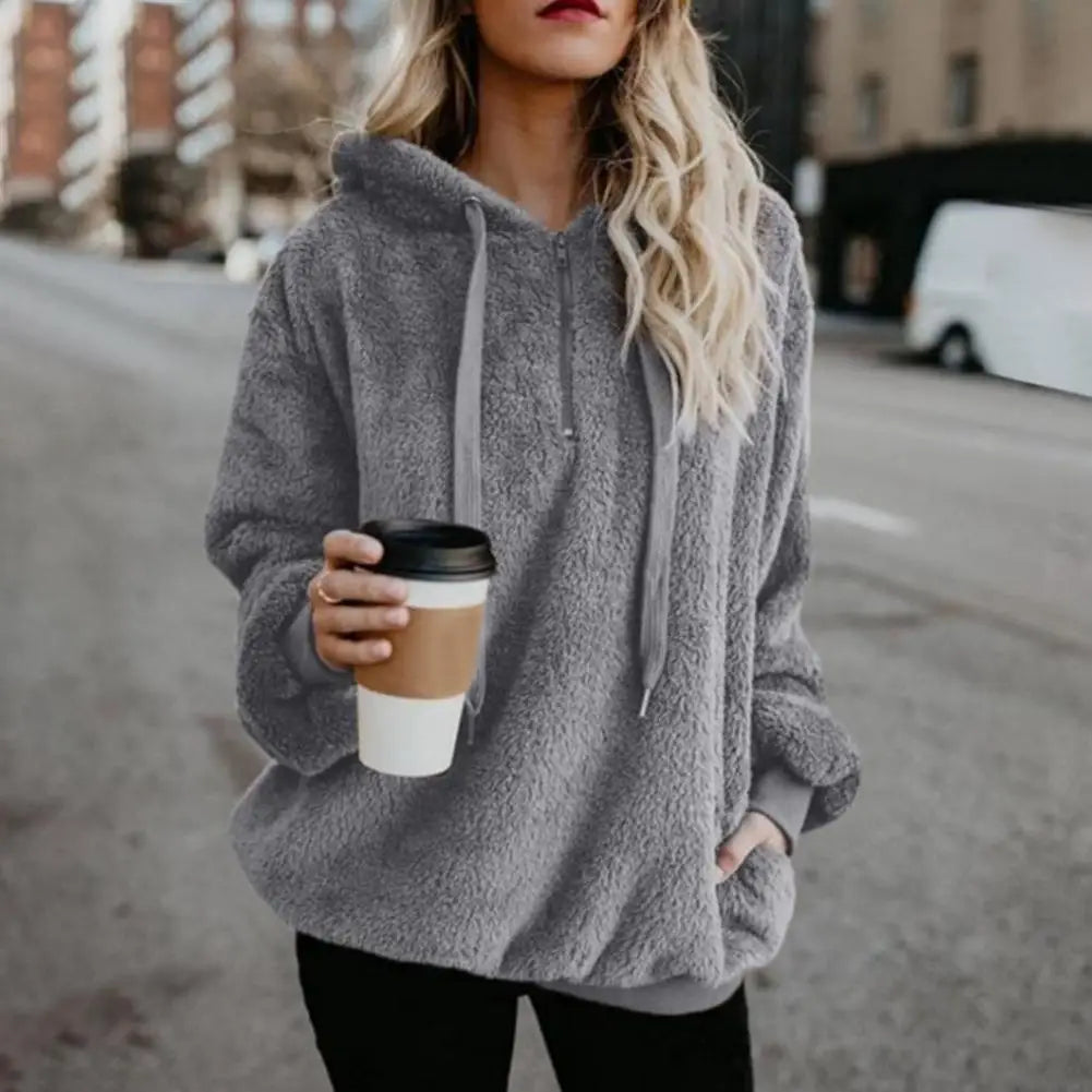 Modische Damen-Kapuzenpullover in Übergröße, einfarbig, 1/4-Reißverschluss, flauschige Kapuzenoberteile, Oberbekleidung für Frauen