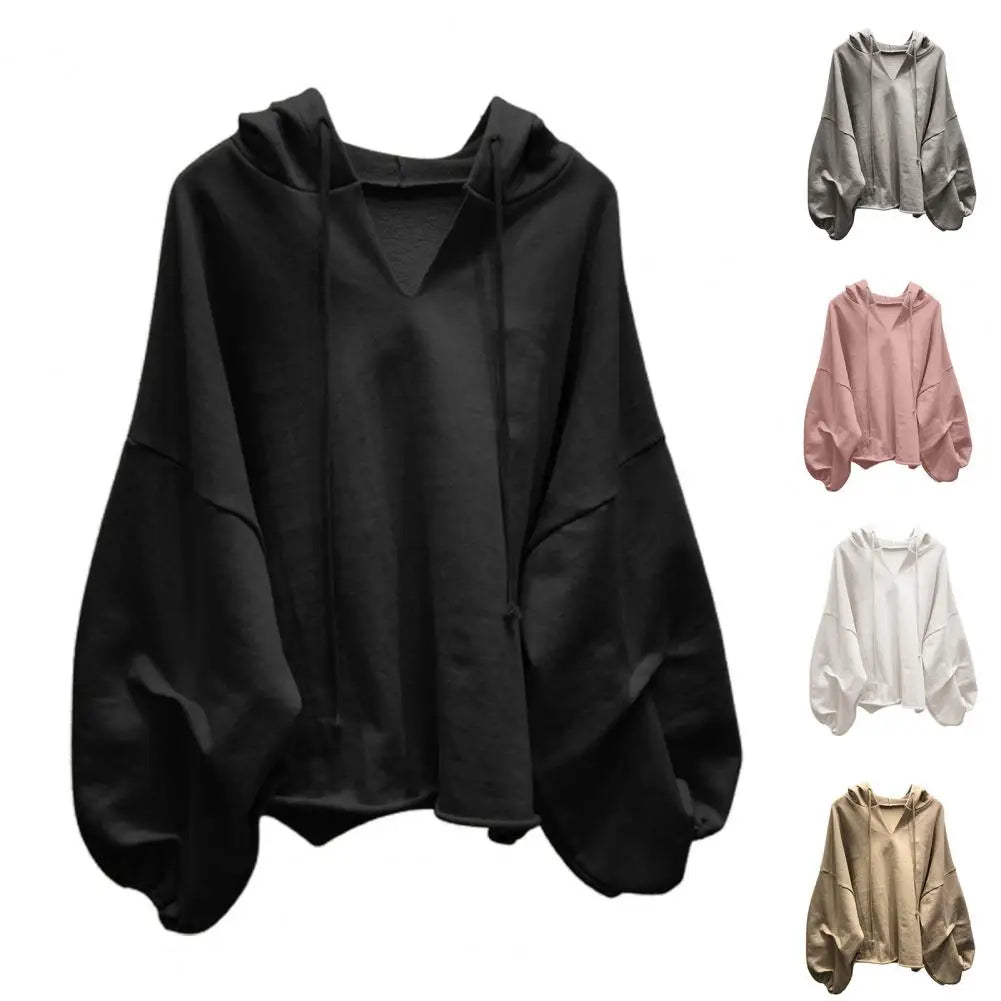 Damen Hoodies Sweatshirt Einfarbig Kordelzug Pullover Hoodie Herbst Fledermausärmel V-Ausschnitt Damen Sweatshirt Lose Jumper 2021