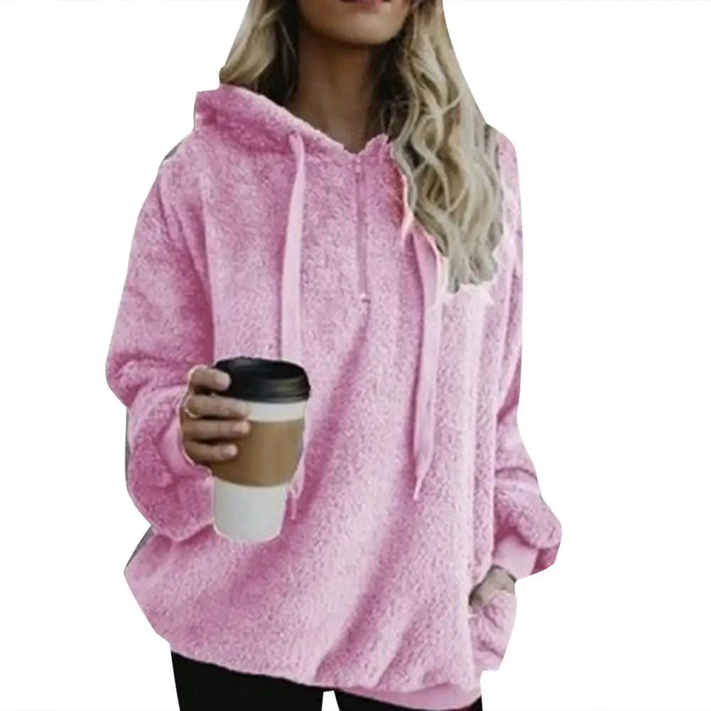 Modische Damen-Kapuzenpullover in Übergröße, einfarbig, 1/4-Reißverschluss, flauschige Kapuzenoberteile, Oberbekleidung für Frauen