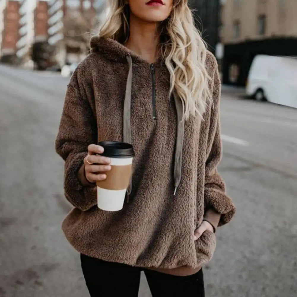 Modische Damen-Kapuzenpullover in Übergröße, einfarbig, 1/4-Reißverschluss, flauschige Kapuzenoberteile, Oberbekleidung für Frauen