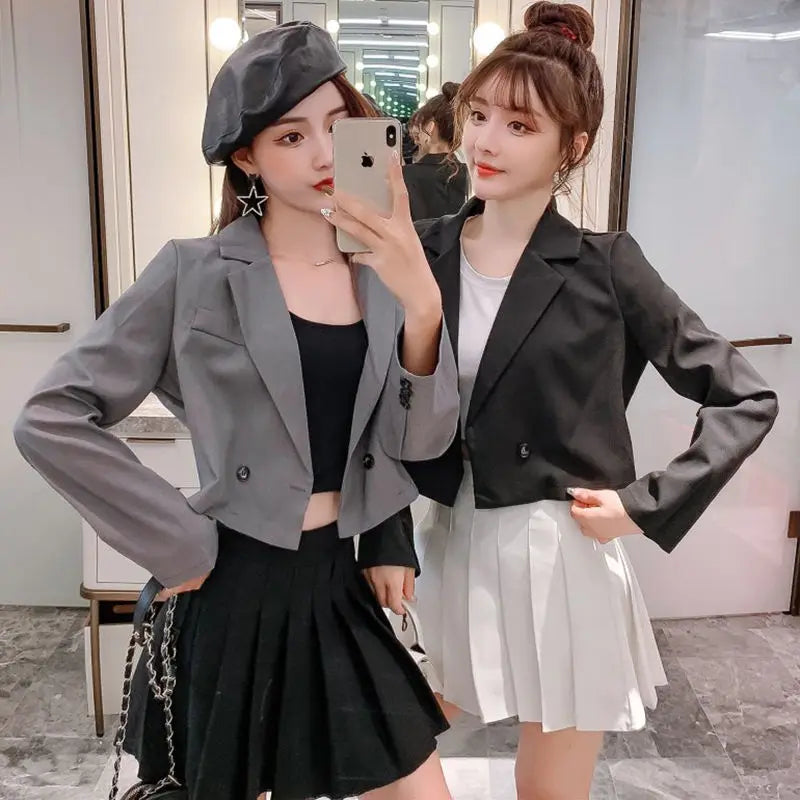 Cropped Blazers Women Ins Popular Notched Korean Slim Fit Fashion Hit Colors Stylish Suits Chic Tender Solid Straight Outwear OL