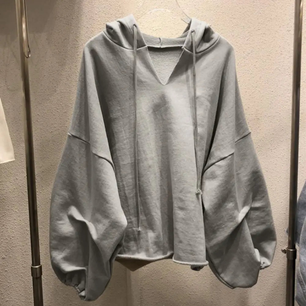 Damen Hoodies Sweatshirt Einfarbig Kordelzug Pullover Hoodie Herbst Fledermausärmel V-Ausschnitt Damen Sweatshirt Lose Jumper 2021