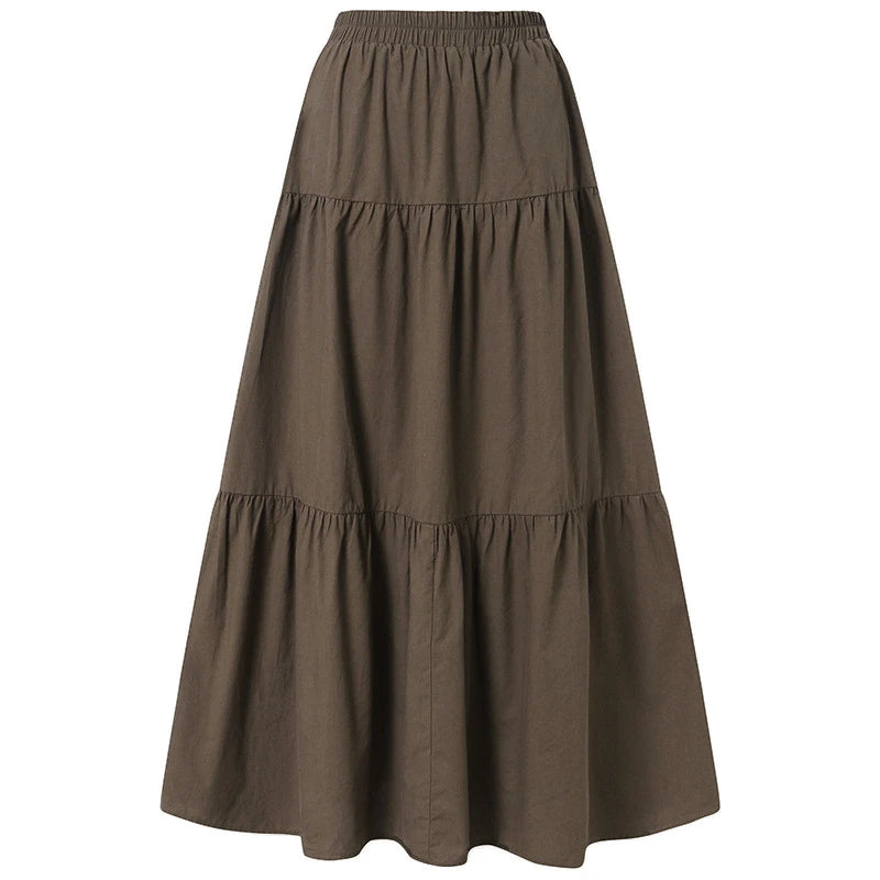 Autumn Winter Long Skirts Vintage Women's Ruffles Skirt Spring Solid Casual Loose Elastic Waist Skirts Oversize Female Bottoms