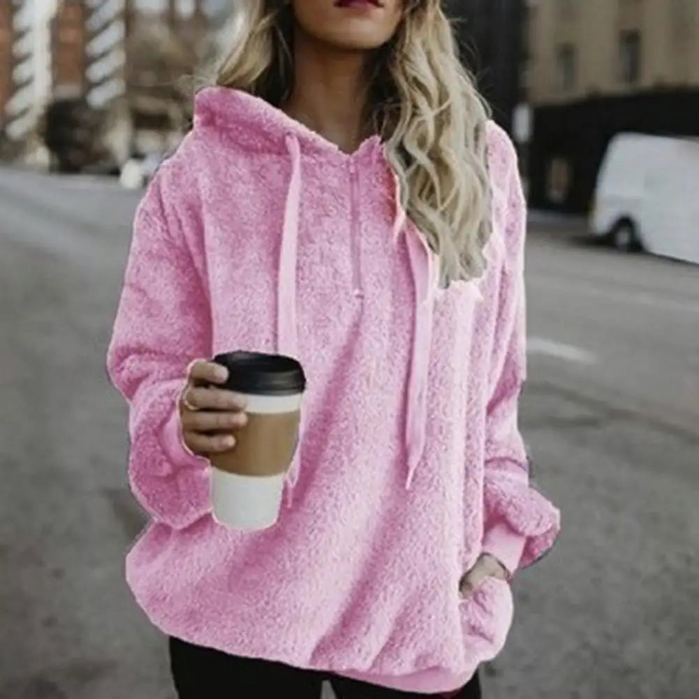 Modische Damen-Kapuzenpullover in Übergröße, einfarbig, 1/4-Reißverschluss, flauschige Kapuzenoberteile, Oberbekleidung für Frauen