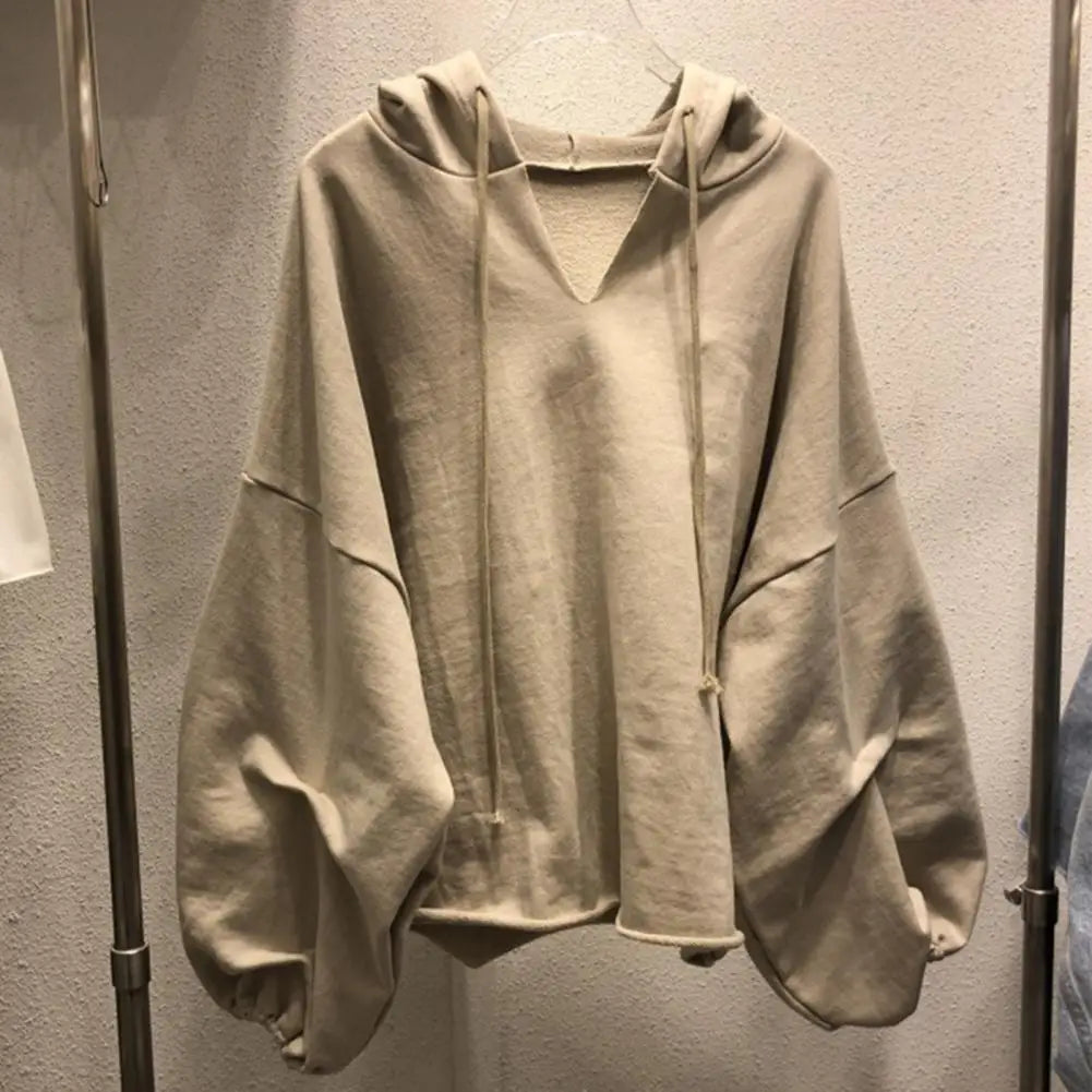 Damen Hoodies Sweatshirt Einfarbig Kordelzug Pullover Hoodie Herbst Fledermausärmel V-Ausschnitt Damen Sweatshirt Lose Jumper 2021