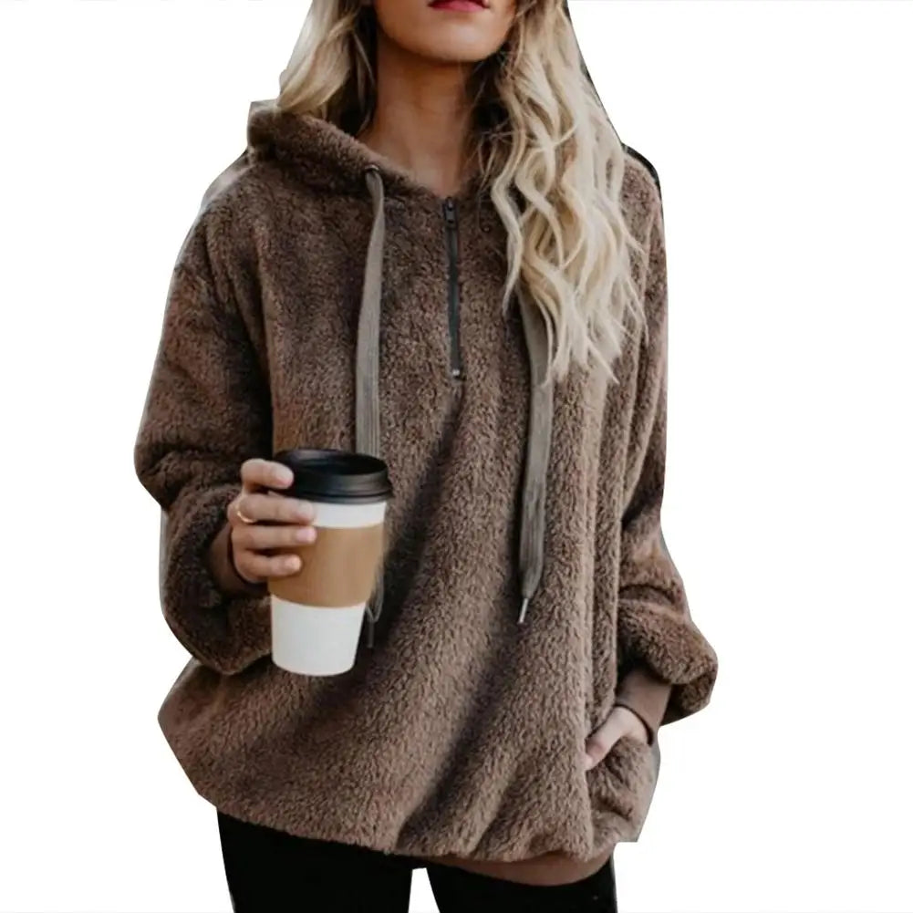 Modische Damen-Kapuzenpullover in Übergröße, einfarbig, 1/4-Reißverschluss, flauschige Kapuzenoberteile, Oberbekleidung für Frauen