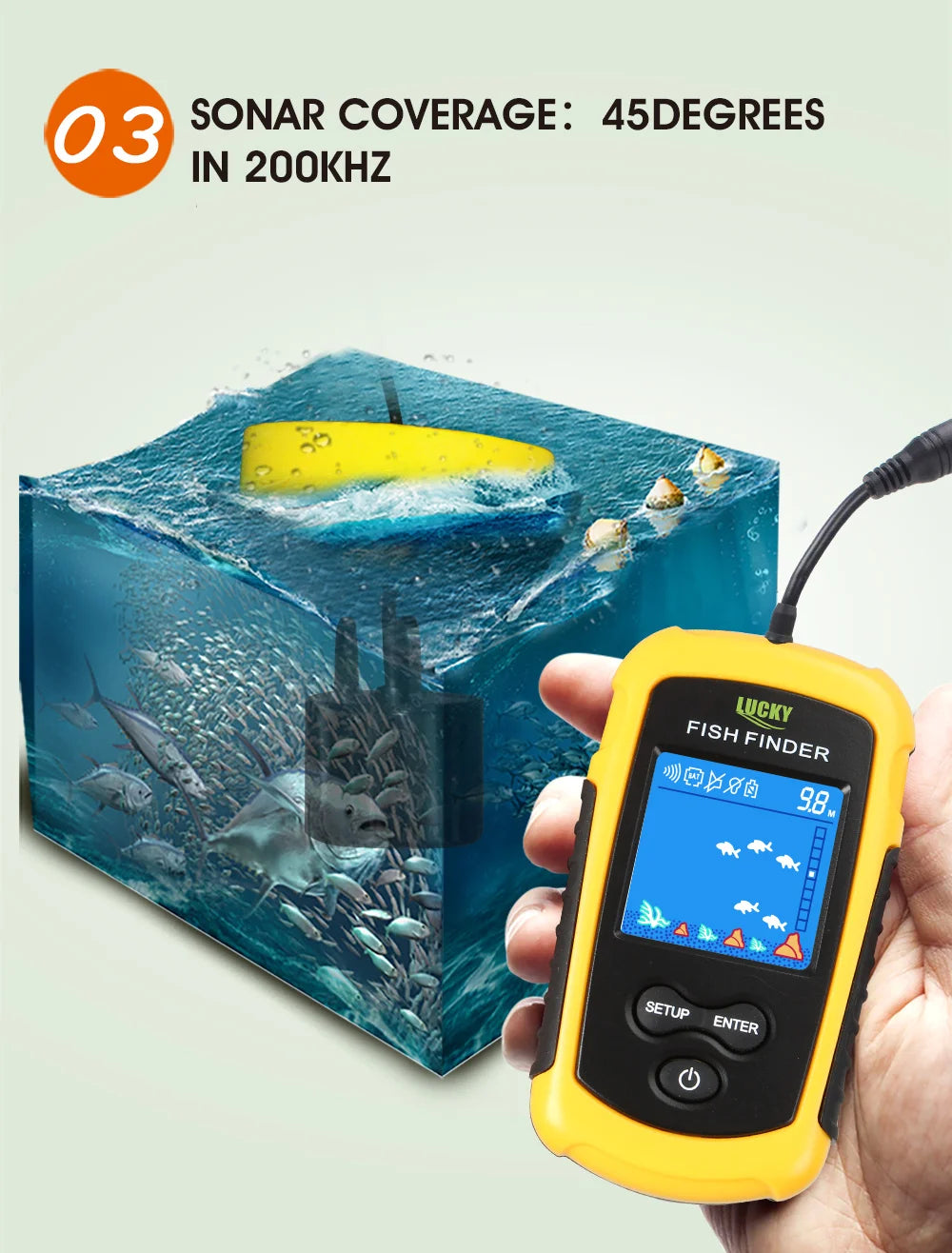 FFC1108-1 Alarm 100M Tragbarer Sonar-Fischfinder 45-Grad-Sonar-Abdeckung Echolot-Alarmgeber See-Meeresangeln