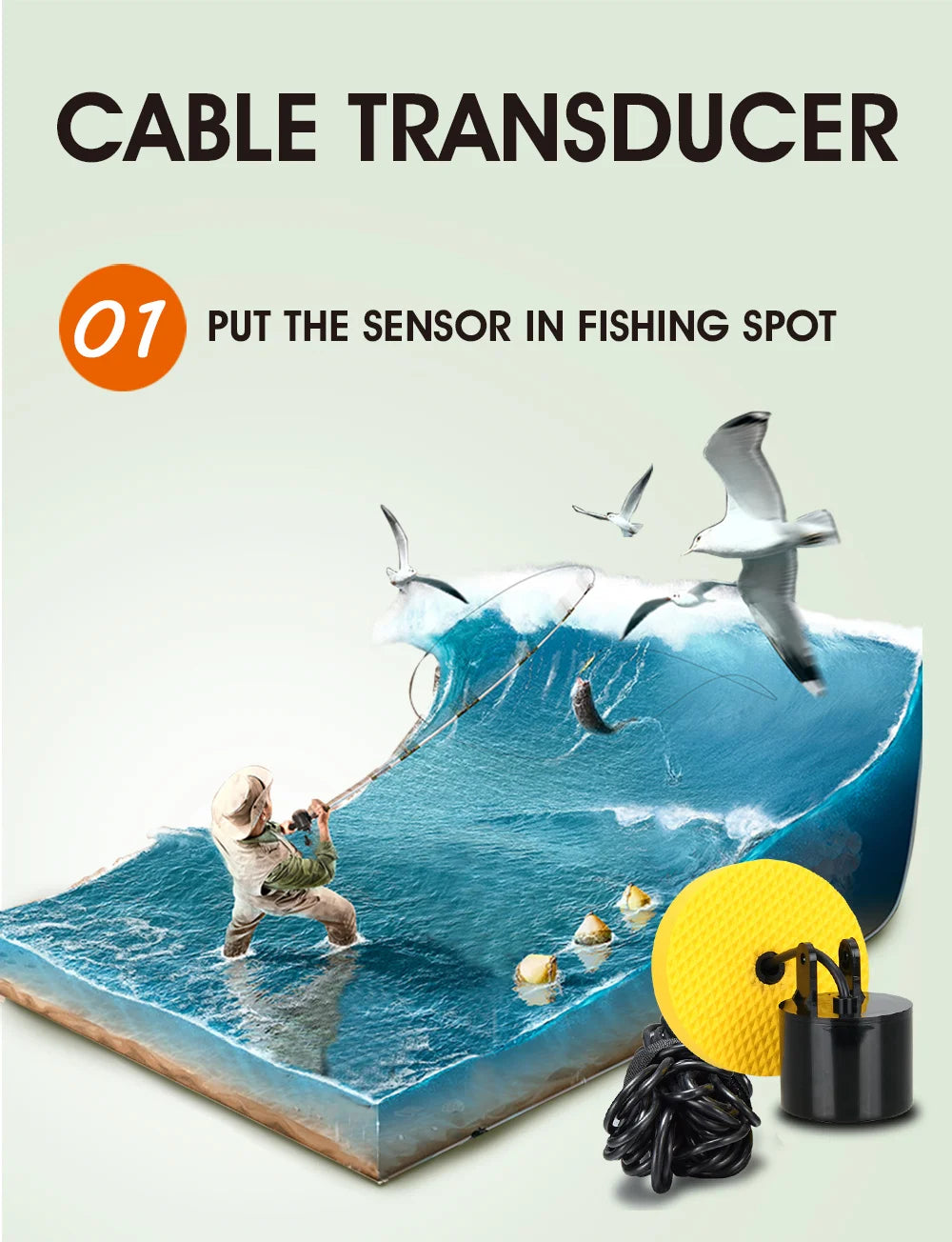 FFC1108-1 Alarm 100M Tragbarer Sonar-Fischfinder 45-Grad-Sonar-Abdeckung Echolot-Alarmgeber See-Meeresangeln