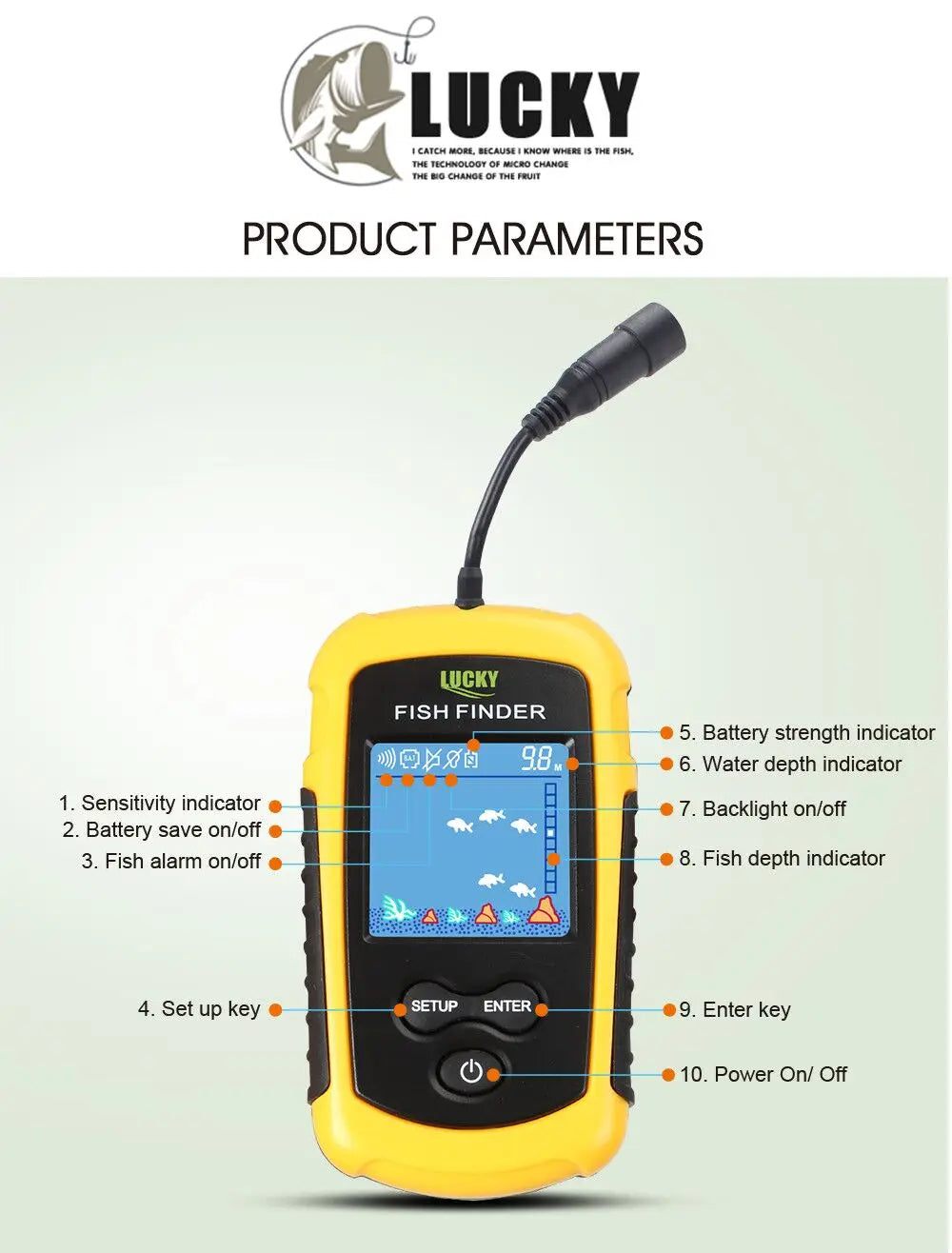 FFC1108-1 Alarm 100M Tragbarer Sonar-Fischfinder 45-Grad-Sonar-Abdeckung Echolot-Alarmgeber See-Meeresangeln