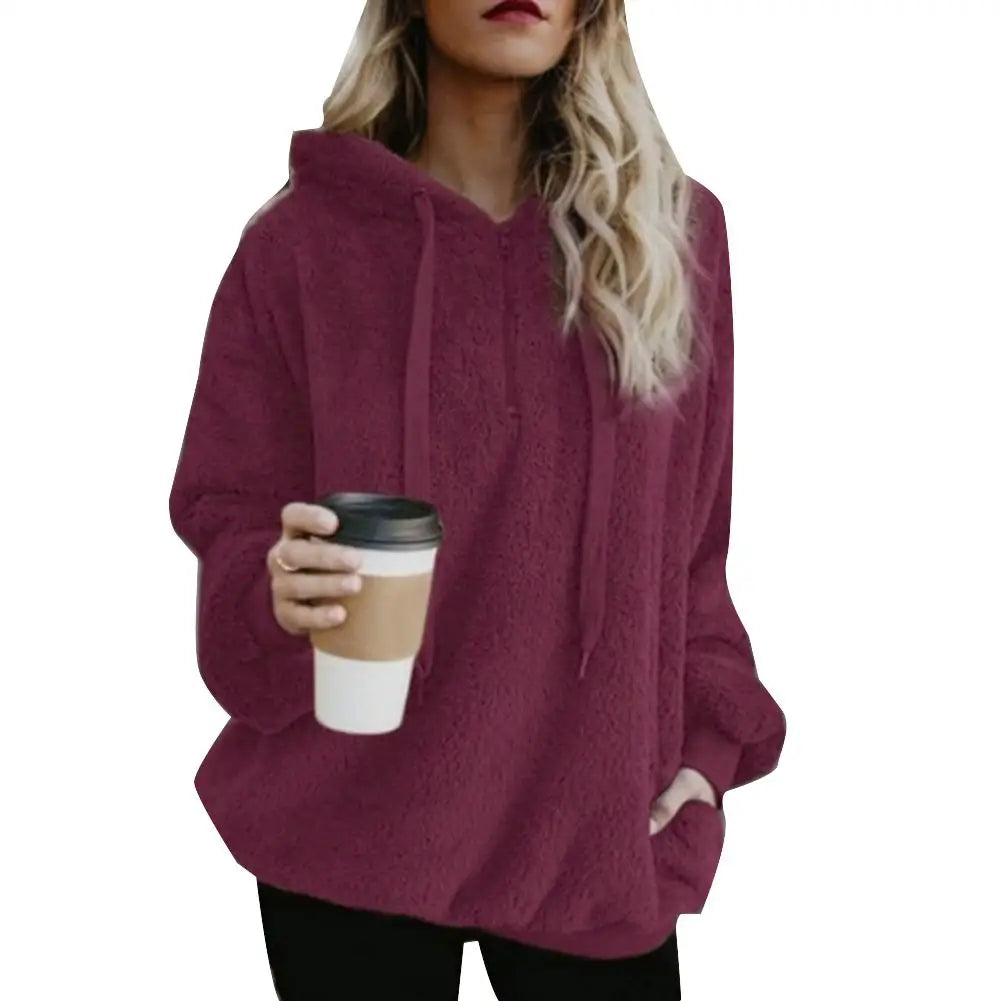 Modische Damen-Kapuzenpullover in Übergröße, einfarbig, 1/4-Reißverschluss, flauschige Kapuzenoberteile, Oberbekleidung für Frauen