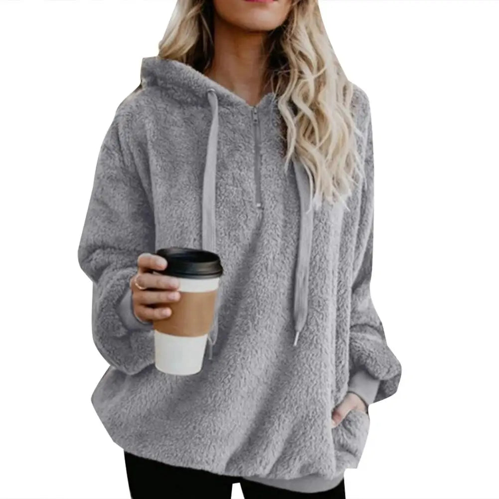 Modische Damen-Kapuzenpullover in Übergröße, einfarbig, 1/4-Reißverschluss, flauschige Kapuzenoberteile, Oberbekleidung für Frauen