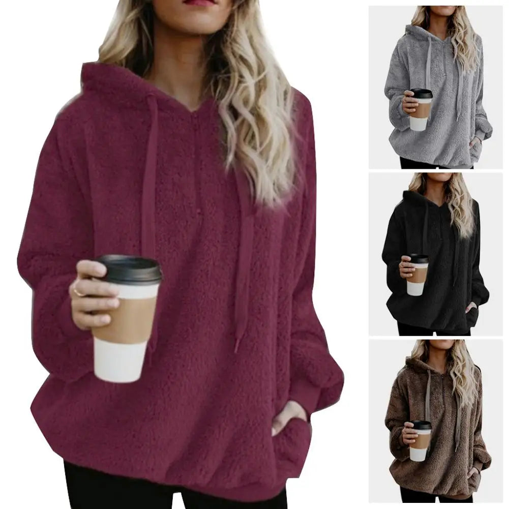 Modische Damen-Kapuzenpullover in Übergröße, einfarbig, 1/4-Reißverschluss, flauschige Kapuzenoberteile, Oberbekleidung für Frauen