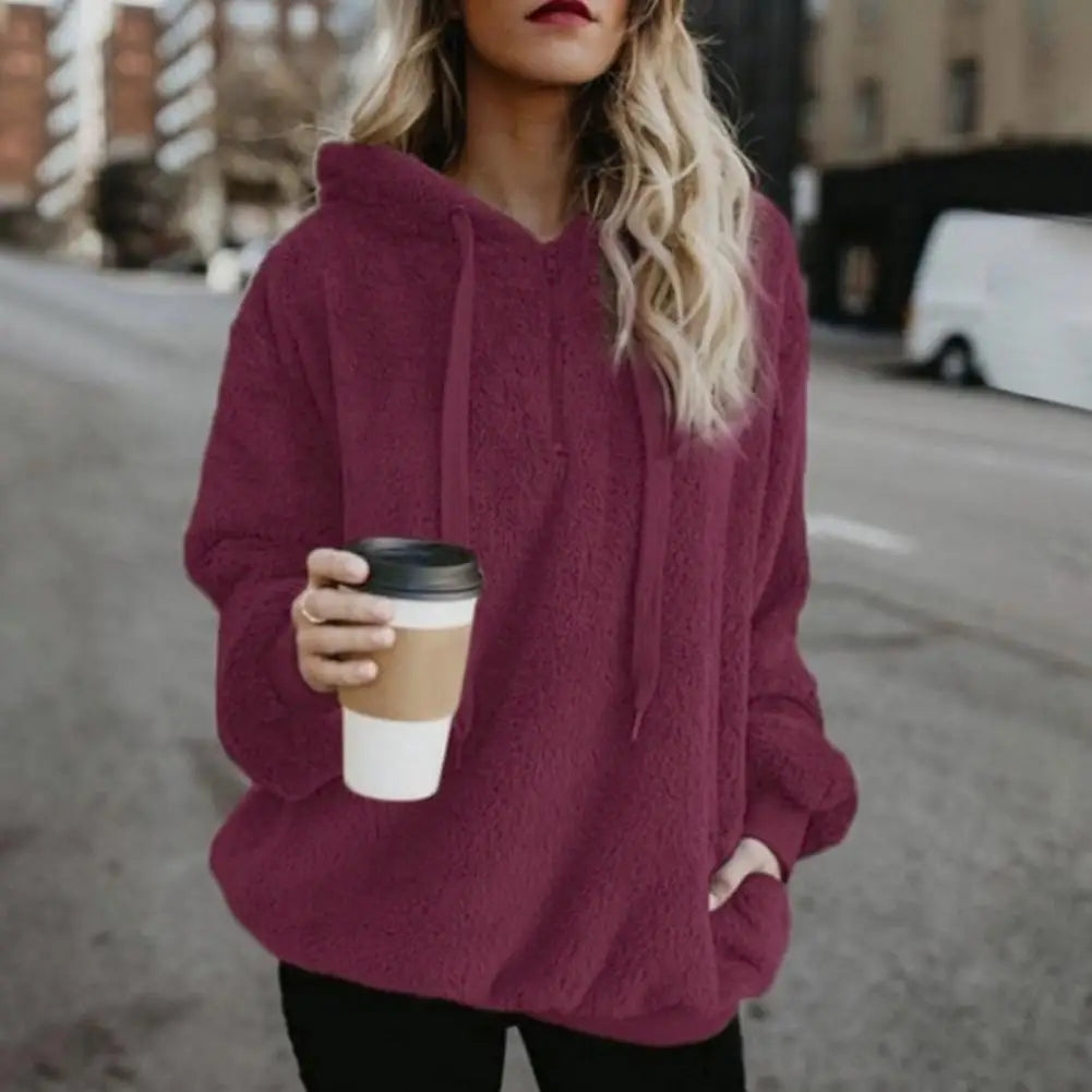 Modische Damen-Kapuzenpullover in Übergröße, einfarbig, 1/4-Reißverschluss, flauschige Kapuzenoberteile, Oberbekleidung für Frauen
