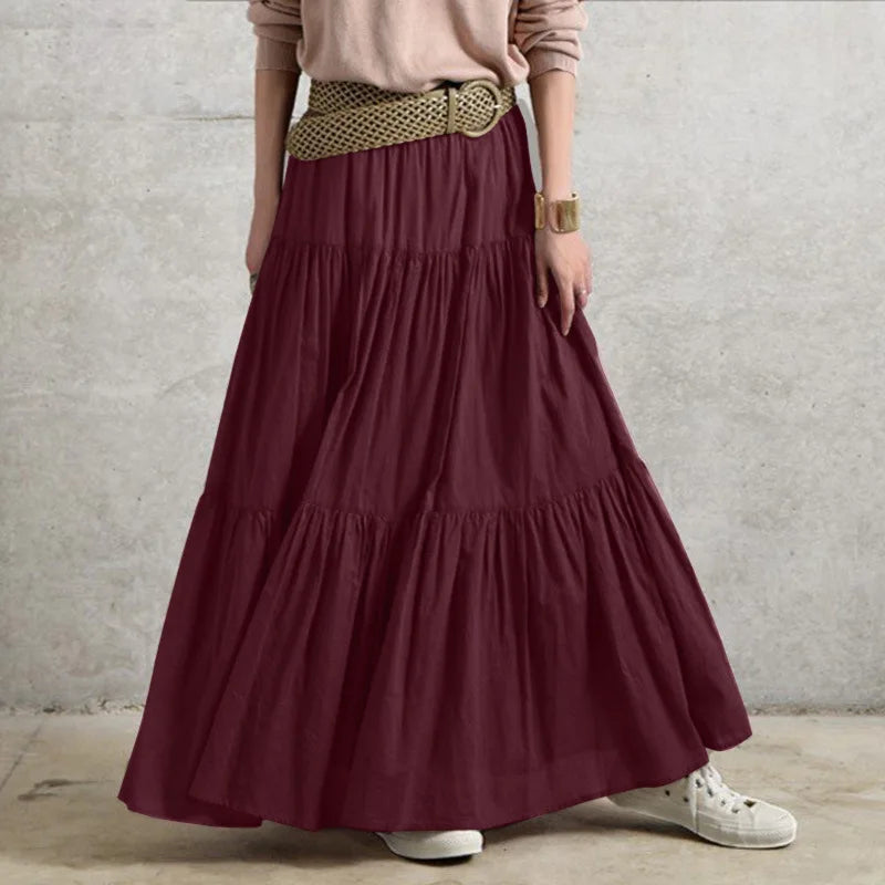 Autumn Winter Long Skirts Vintage Women's Ruffles Skirt Spring Solid Casual Loose Elastic Waist Skirts Oversize Female Bottoms