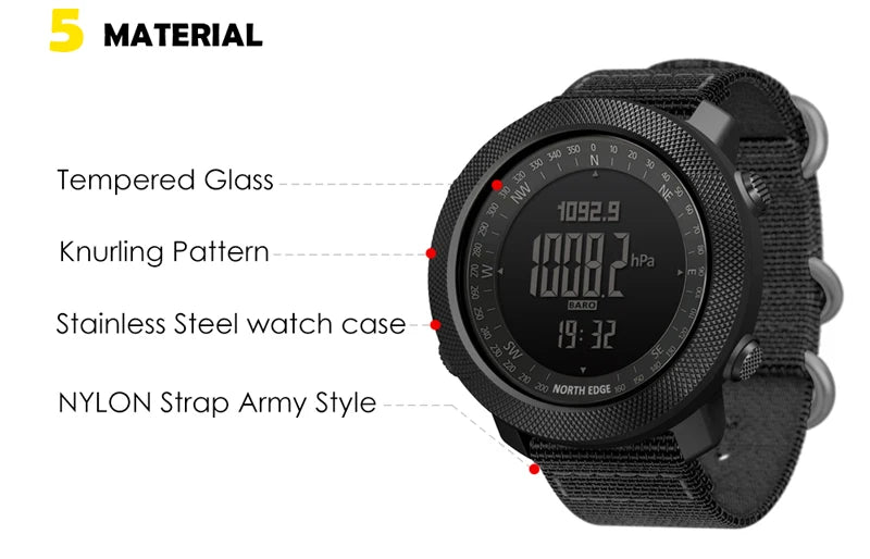 NORTH EDGE Herren Sport Digitaluhr Stunden Laufen Schwimmen Militär Armee Uhren Höhenmesser Barometer Kompass wasserdicht 50m