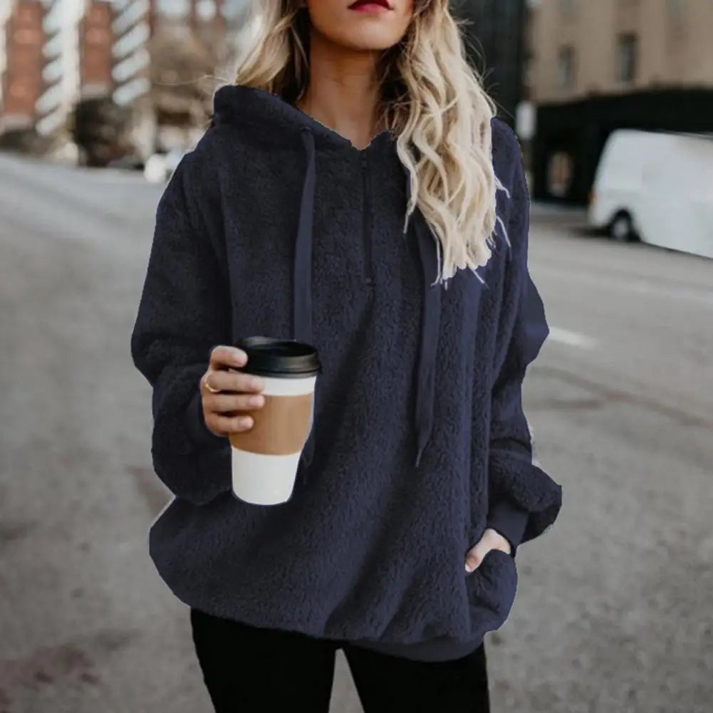 Modische Damen-Kapuzenpullover in Übergröße, einfarbig, 1/4-Reißverschluss, flauschige Kapuzenoberteile, Oberbekleidung für Frauen