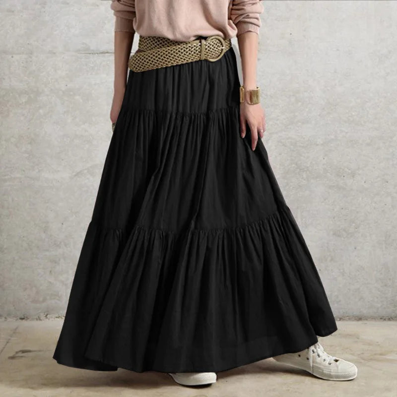 Autumn Winter Long Skirts Vintage Women's Ruffles Skirt Spring Solid Casual Loose Elastic Waist Skirts Oversize Female Bottoms
