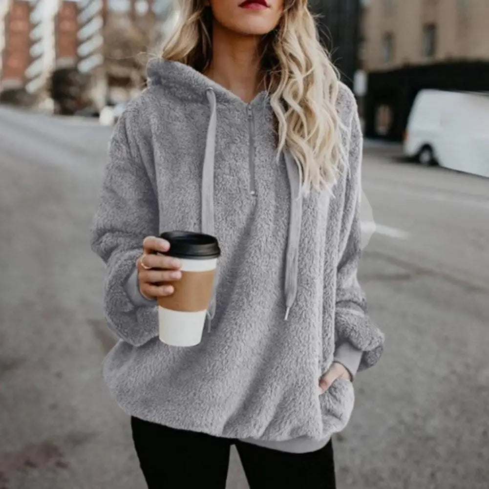 Modische Damen-Kapuzenpullover in Übergröße, einfarbig, 1/4-Reißverschluss, flauschige Kapuzenoberteile, Oberbekleidung für Frauen