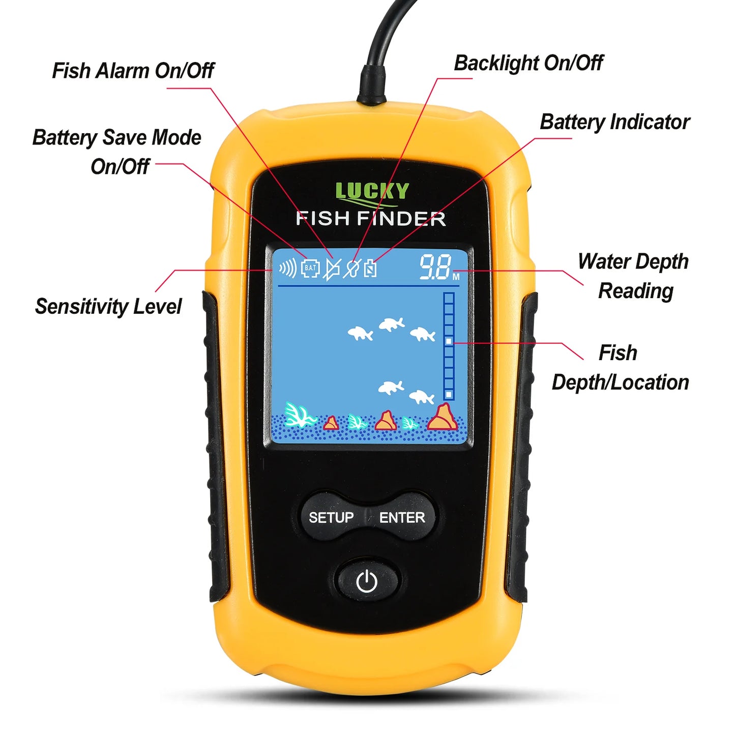 FFC1108-1 Alarm 100M Tragbarer Sonar-Fischfinder 45-Grad-Sonar-Abdeckung Echolot-Alarmgeber See-Meeresangeln