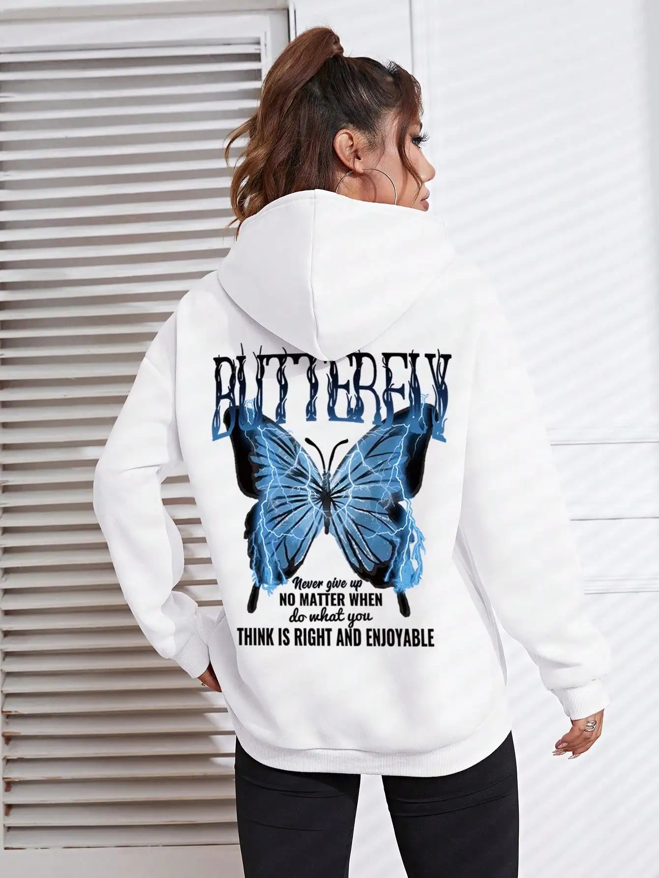 Kapuzenpullover mit Aufdruck „Blue Lightning Butterfly Creative Word“ für Damen, bequem, mit Tasche, lockere, weiche Kapuzenjacke, lässige Sportkleidung