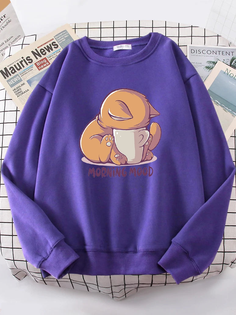 Katze schaut auf die Tasse, schönes Sweatshirt, Damenmode, Fleece-Kapuzenpullover mit Rundhalsausschnitt, lässige Hoodies, Pullover, Übergröße, Sportbekleidung