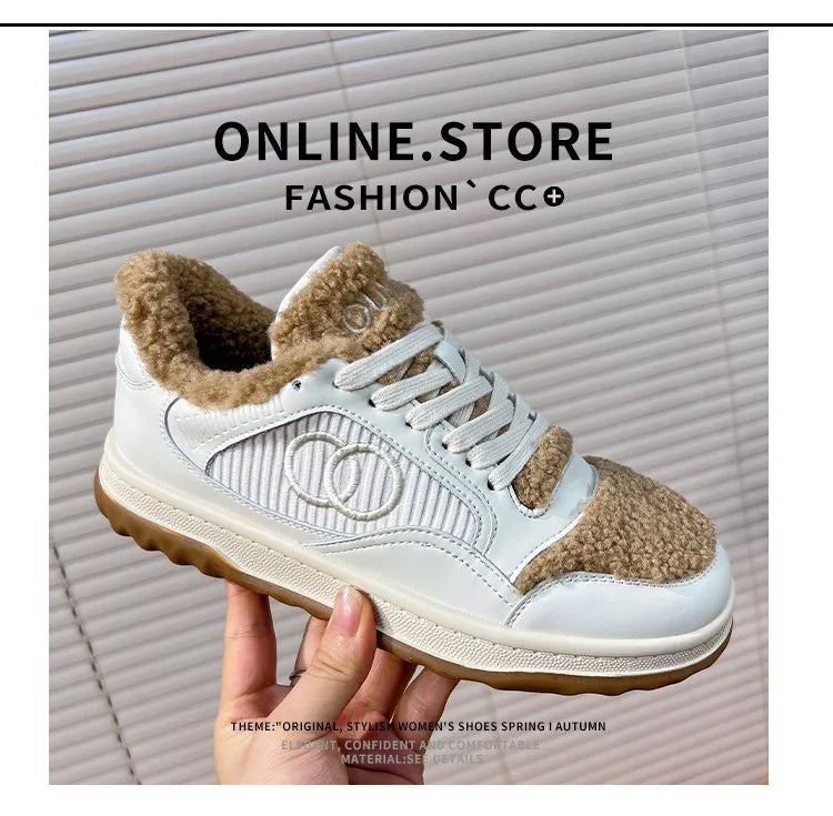Leather Little White Shoes Women's Sneaker Winter New Warm Fluffy Versatile Sports Thick Baseplate Casual Ins Fashion
