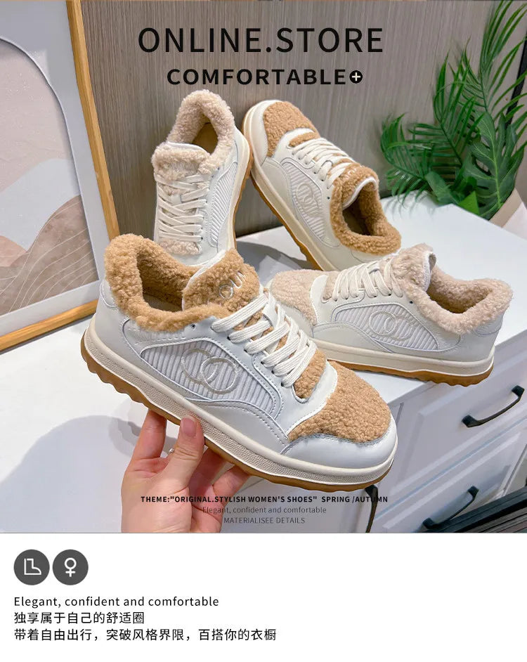 Leather Little White Shoes Women's Sneaker Winter New Warm Fluffy Versatile Sports Thick Baseplate Casual Ins Fashion
