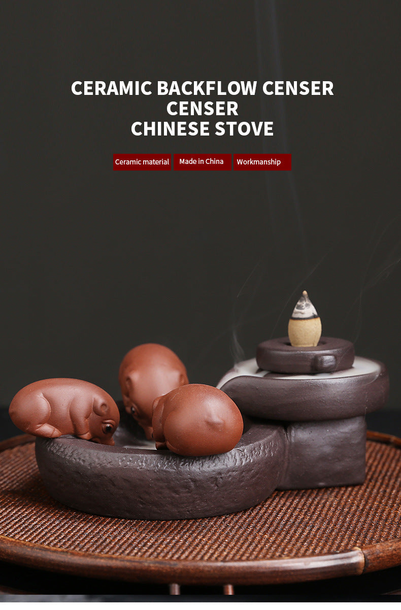Ceramic Handicraft Lucky Pig Home Ornaments Waterfall Backflow Incense Burner Incense Holder Purple Clay Censer Without Incense