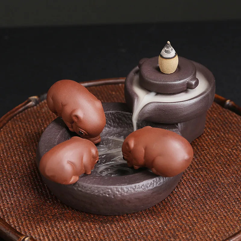 Ceramic Handicraft Lucky Pig Home Ornaments Waterfall Backflow Incense Burner Incense Holder Purple Clay Censer Without Incense