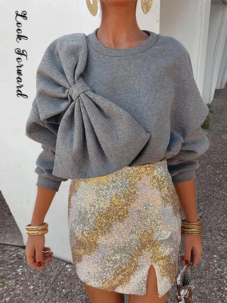 Solide Bogen Oansatz Frauen Sweatshirts Lose Langarm Casual Weibliche Pullover 2024 Frühling Mode Alle-spiel Dame Frau Kleidung