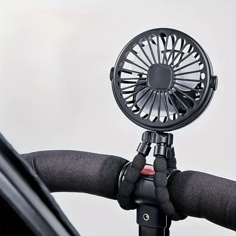 Tragbarer Mini-USB-Ventilator mit Oktopus-Motiv und flexiblem Stativ, 3 Geschwindigkeitsmodi, wiederaufladbarer Akku, persönliche Kühlung für Fahrrad, Kinderwagen, Auto