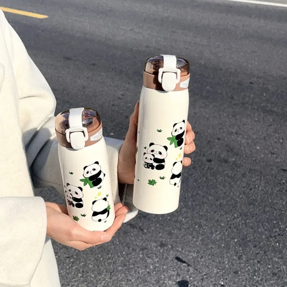 Federdeckel, süßer Panda, 304 Edelstahl-Thermoskanne für männliche und weibliche Studenten, einfacher tragbarer Strohhalmbecher