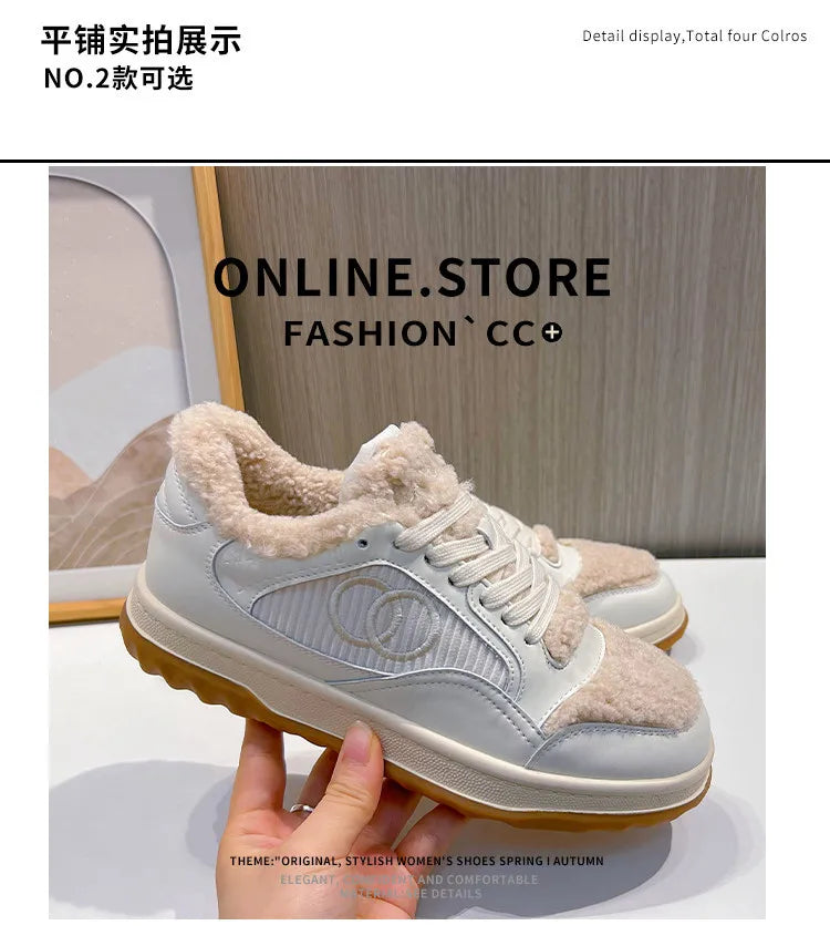 Leather Little White Shoes Women's Sneaker Winter New Warm Fluffy Versatile Sports Thick Baseplate Casual Ins Fashion