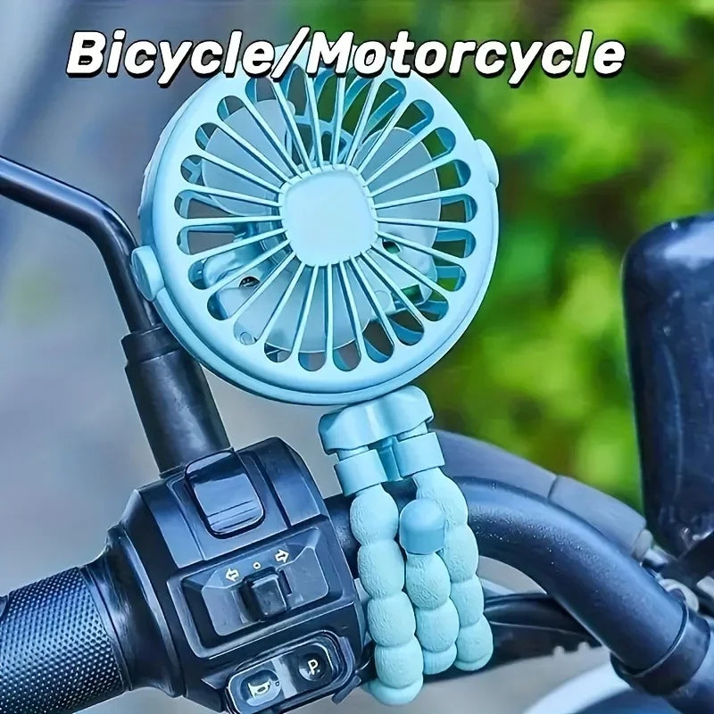 Tragbarer Mini-USB-Ventilator mit Oktopus-Motiv und flexiblem Stativ, 3 Geschwindigkeitsmodi, wiederaufladbarer Akku, persönliche Kühlung für Fahrrad, Kinderwagen, Auto