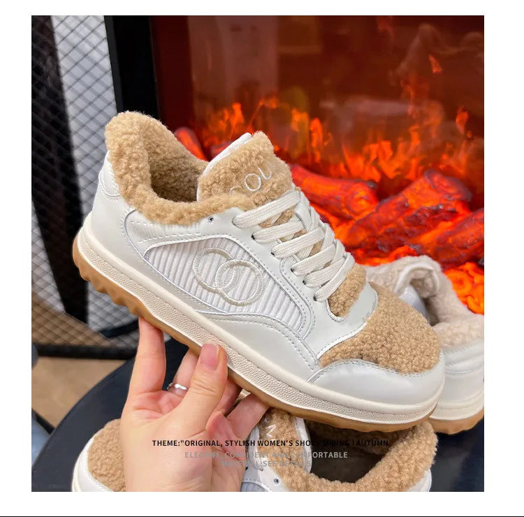 Leather Little White Shoes Women's Sneaker Winter New Warm Fluffy Versatile Sports Thick Baseplate Casual Ins Fashion
