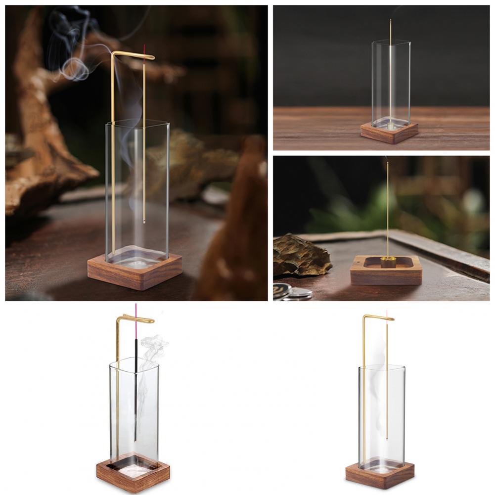Modern Incense Burner With Glass Ash Catcher, Anti-ash Flying Incense Sticks Holder Wood Base For Home Decor Yoga Meditation
