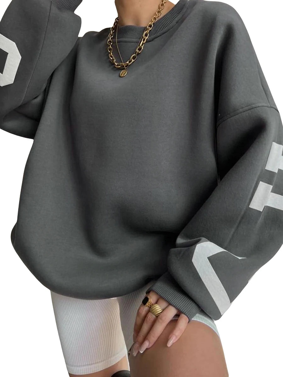 Caziffer Damen-Pullover, locker, übergroß, mit Buchstaben-Print, Rundhalsausschnitt, lässig, verdickt, lange Ärmel, Y2K, Boyfriend-Tops