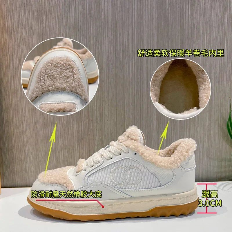 Leather Little White Shoes Women's Sneaker Winter New Warm Fluffy Versatile Sports Thick Baseplate Casual Ins Fashion