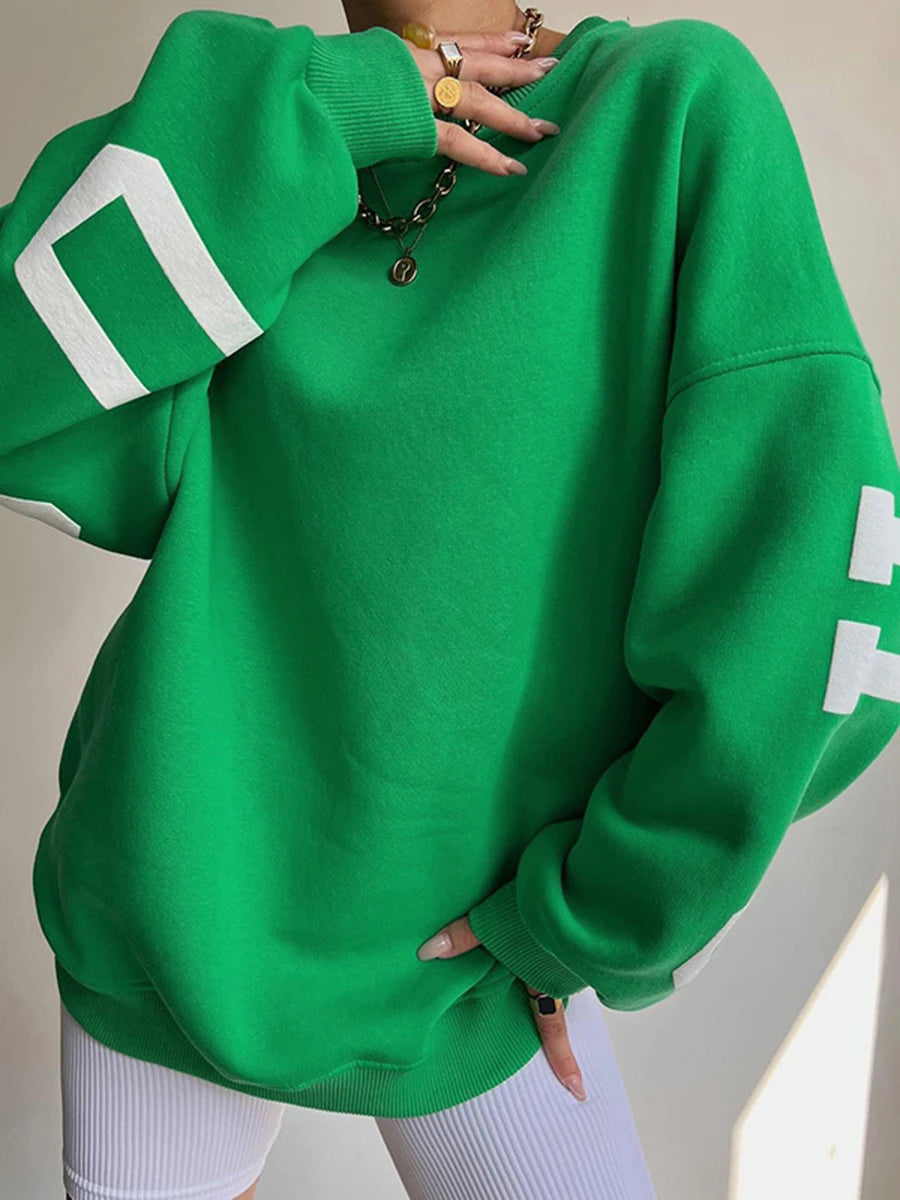 Caziffer Damen-Pullover, locker, übergroß, mit Buchstaben-Print, Rundhalsausschnitt, lässig, verdickt, lange Ärmel, Y2K, Boyfriend-Tops