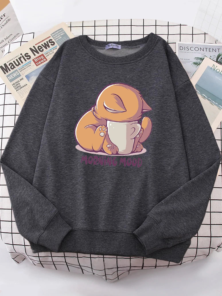 Katze schaut auf die Tasse, schönes Sweatshirt, Damenmode, Fleece-Kapuzenpullover mit Rundhalsausschnitt, lässige Hoodies, Pullover, Übergröße, Sportbekleidung