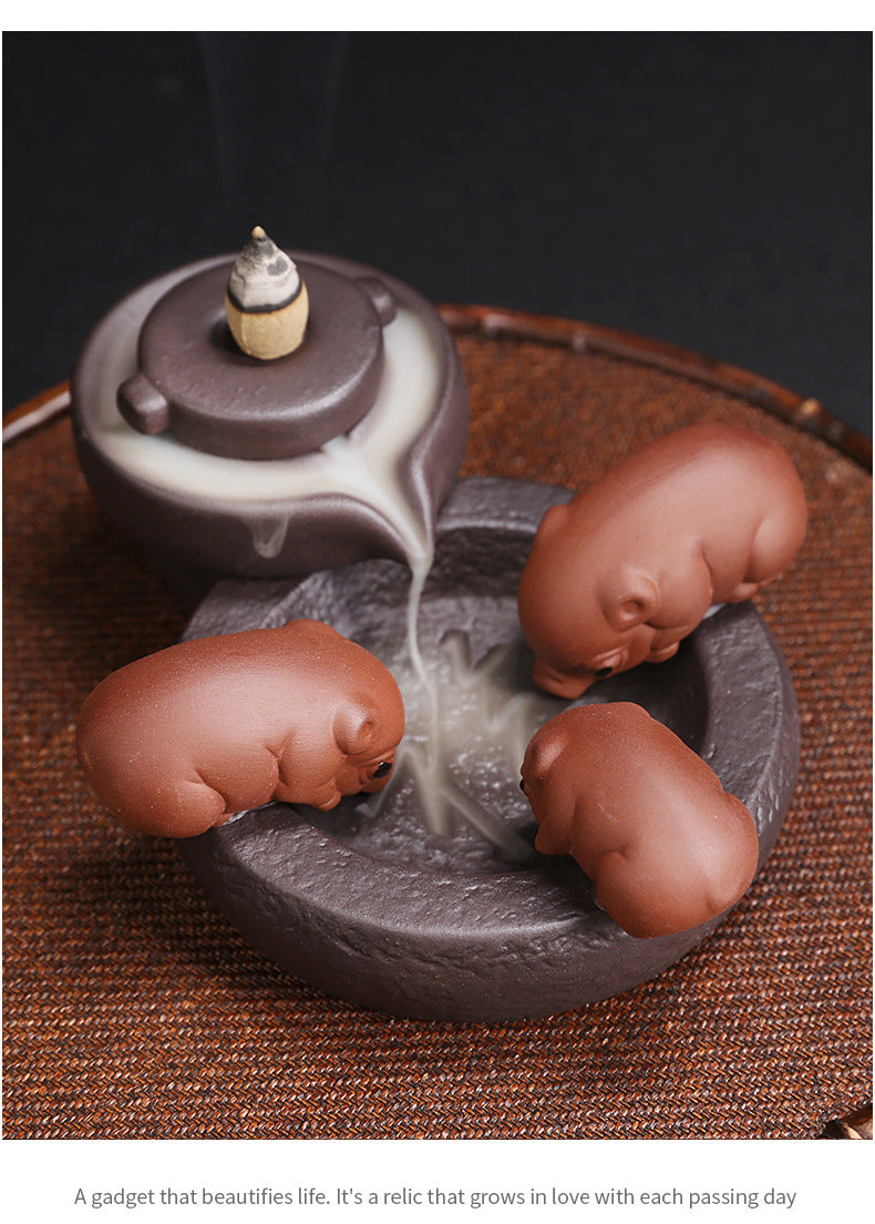 Ceramic Handicraft Lucky Pig Home Ornaments Waterfall Backflow Incense Burner Incense Holder Purple Clay Censer Without Incense