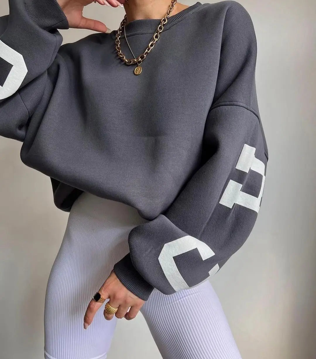Frauen Grunge Lose Pullover Sweatshirts Zurück Brief Drucken Casual Verdickt Langarm Tops Herbst Streetwear