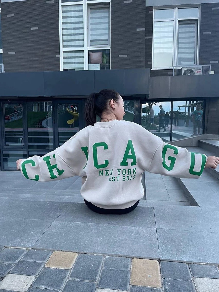 Frauen Grunge Lose Pullover Sweatshirts Zurück Brief Drucken Casual Verdickt Langarm Tops Herbst Streetwear