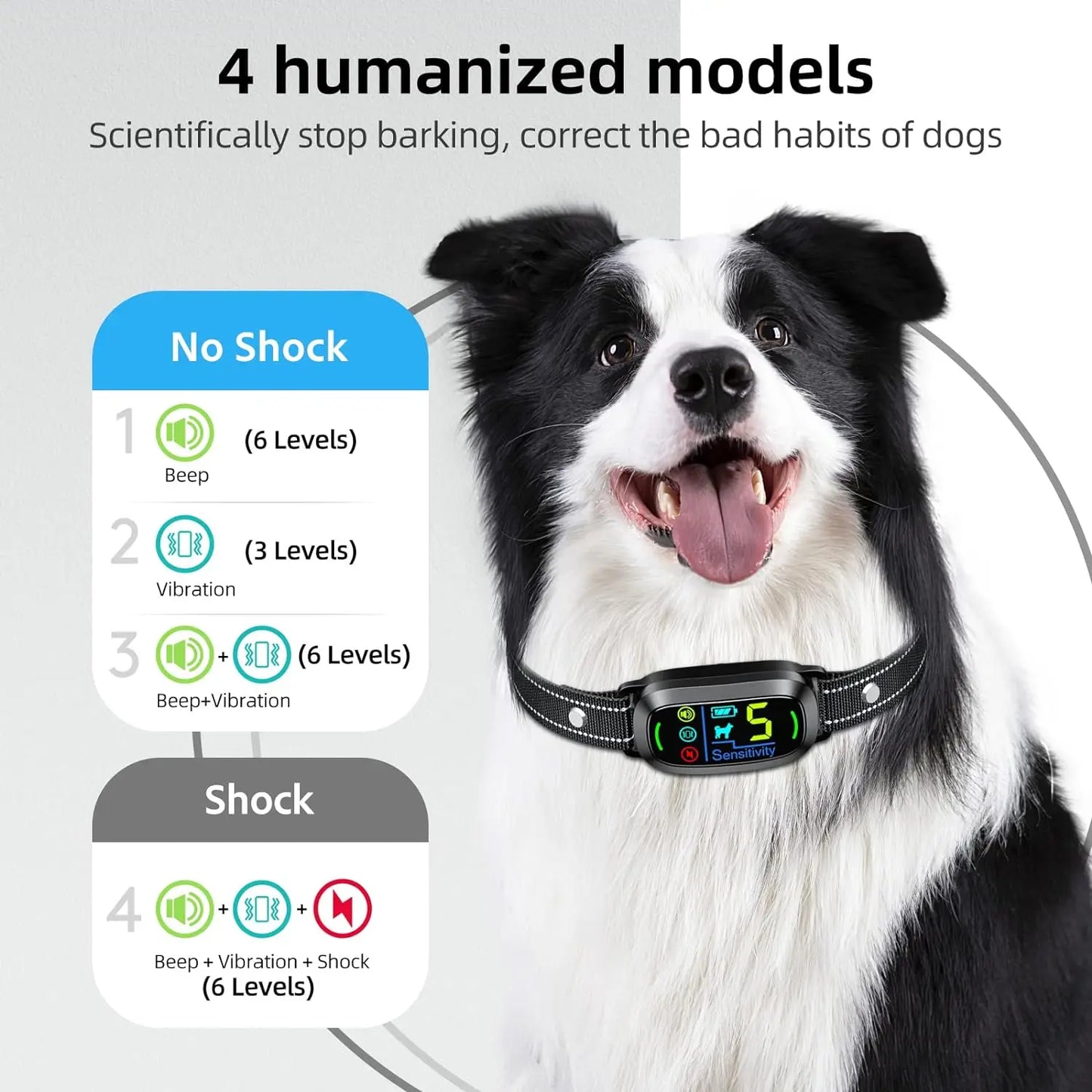 Fortschrittliches, intelligentes Anti-Bell-Hundehalsband – wiederaufladbar, 5-Modus-Training (Piep, Vibration, Schock) – human und effektiv für große,