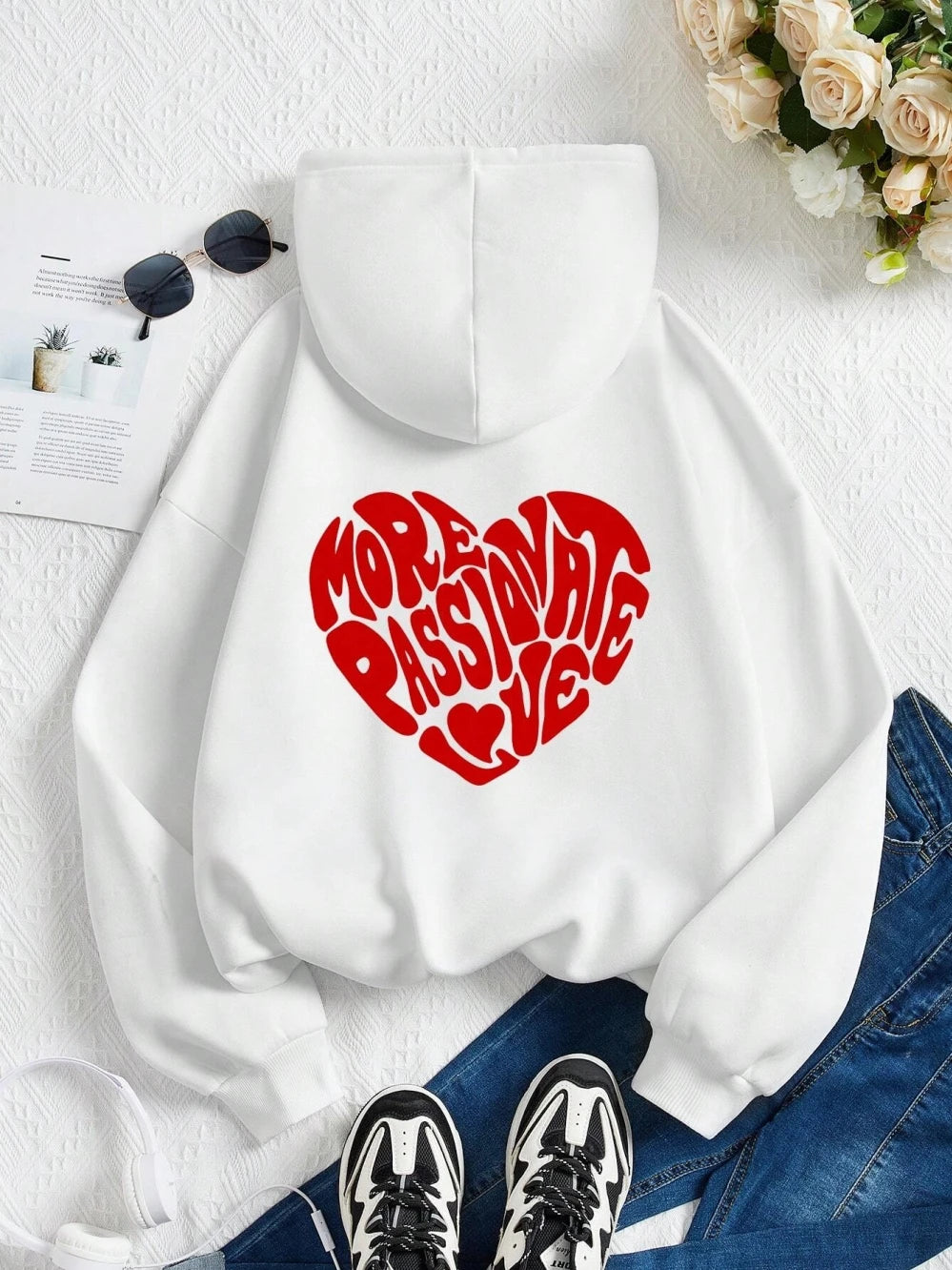Mehr leidenschaftlicher Liebesbrief-Grafikdruck, Damen-Kapuzenpullover, einfacher, lässiger Kapuzenpullover, warmes, lockeres Sweatshirt, Hipster-Fleece, Sportbekleidung