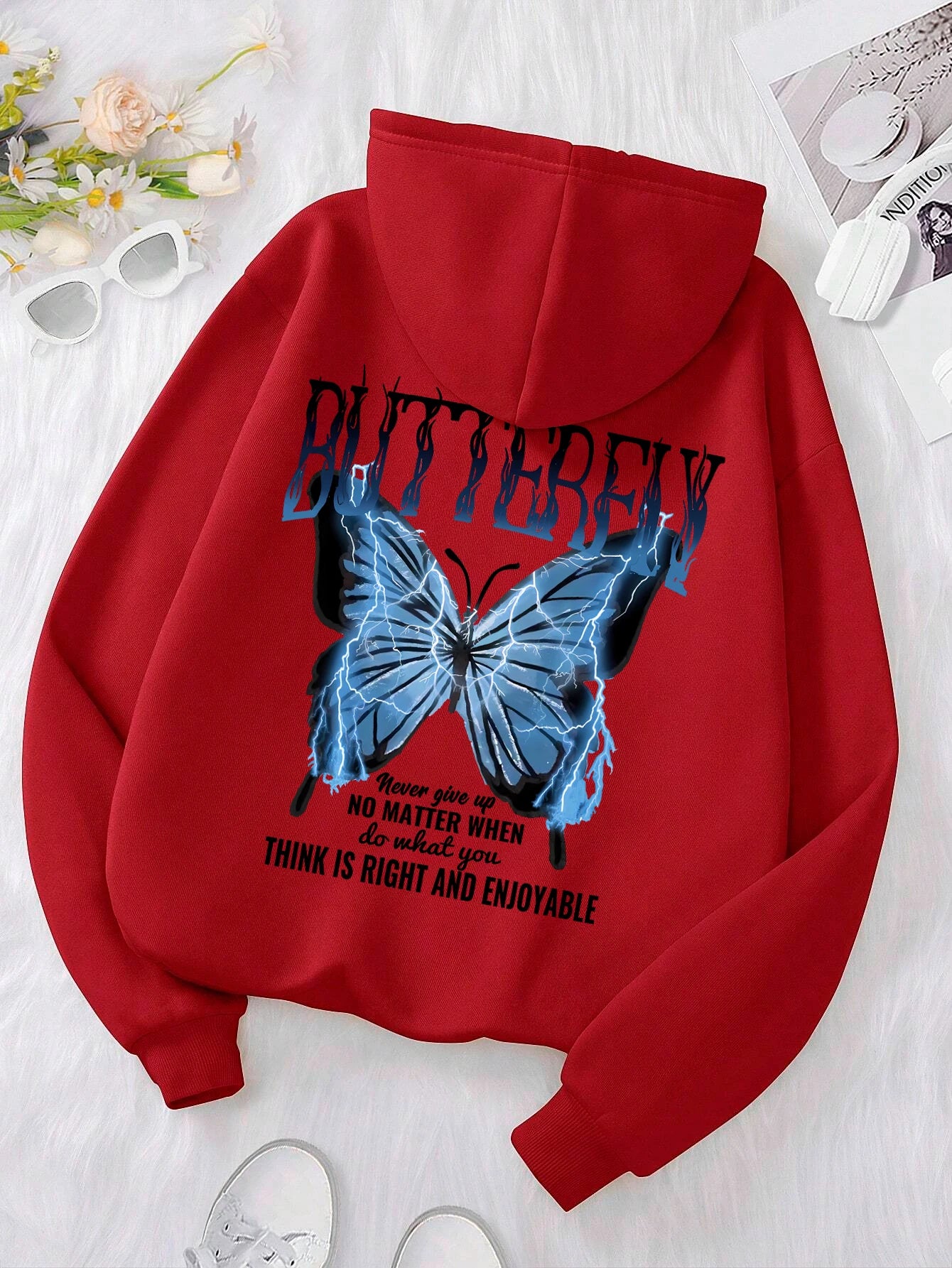 Kapuzenpullover mit Aufdruck „Blue Lightning Butterfly Creative Word“ für Damen, bequem, mit Tasche, lockere, weiche Kapuzenjacke, lässige Sportkleidung